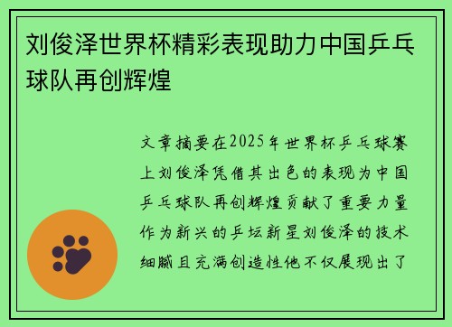 刘俊泽世界杯精彩表现助力中国乒乓球队再创辉煌